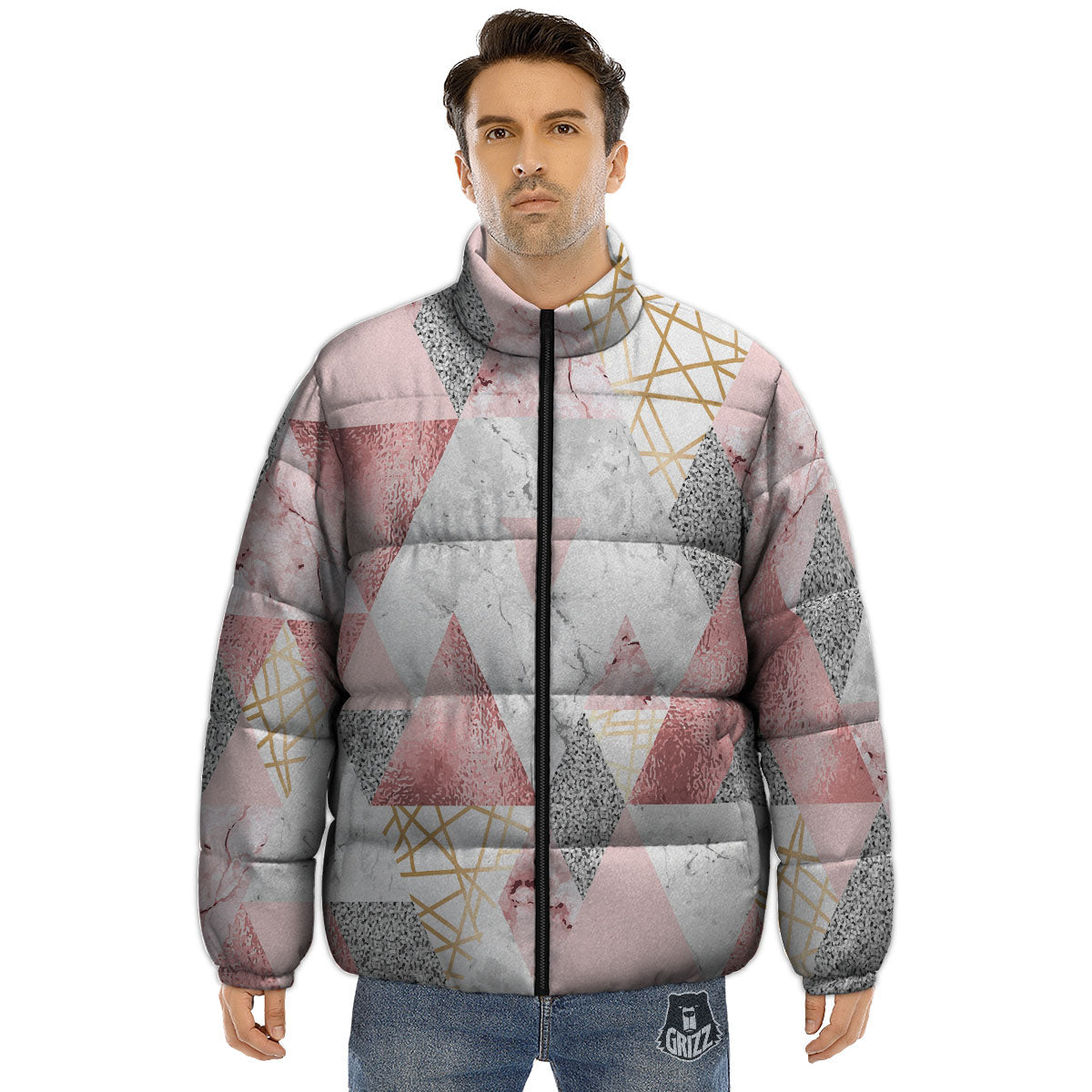 Polygonal Geometric Pink Print Puffer Jacket-grizzshop