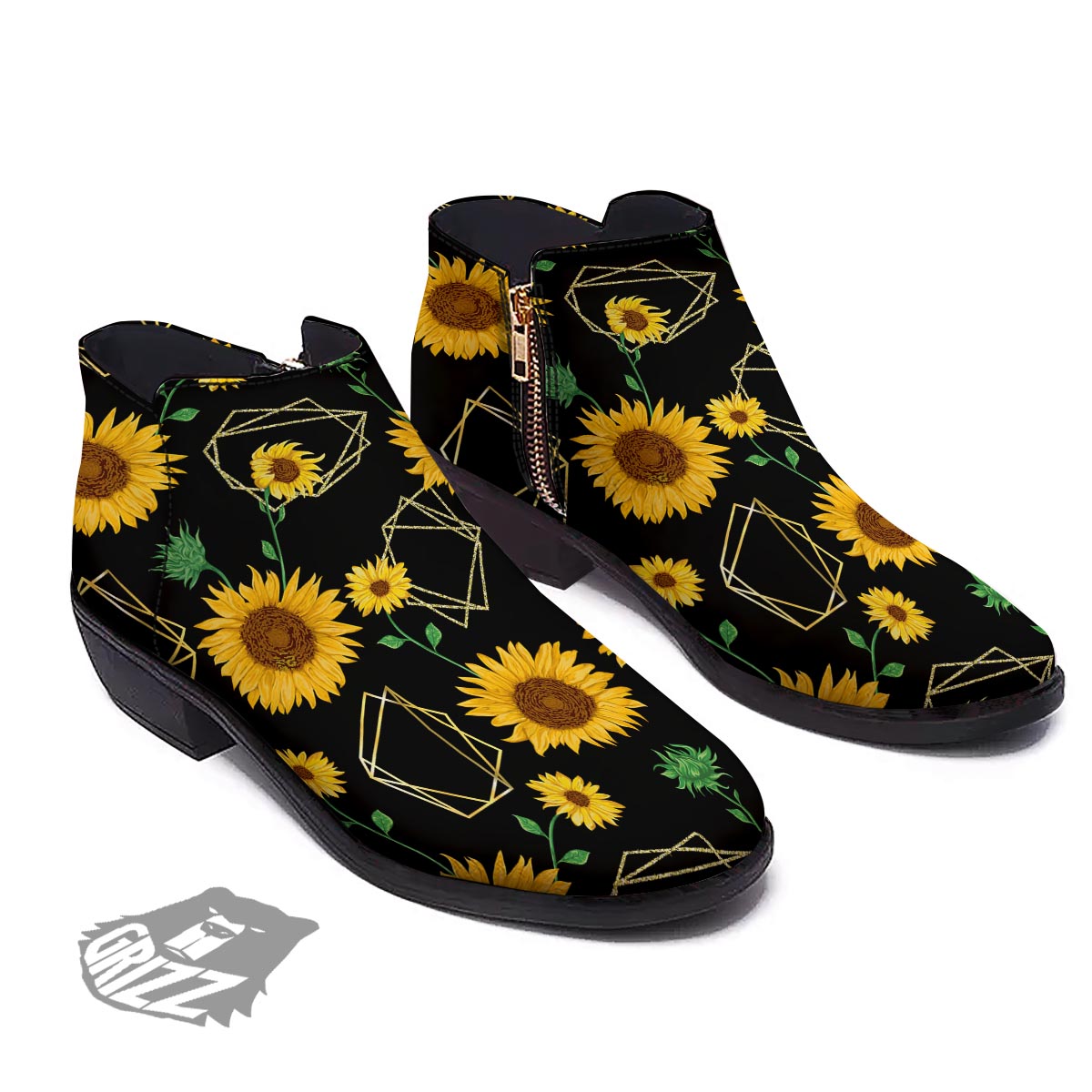 Polygonal Sunflower Print Pattern Ankle Boots-grizzshop