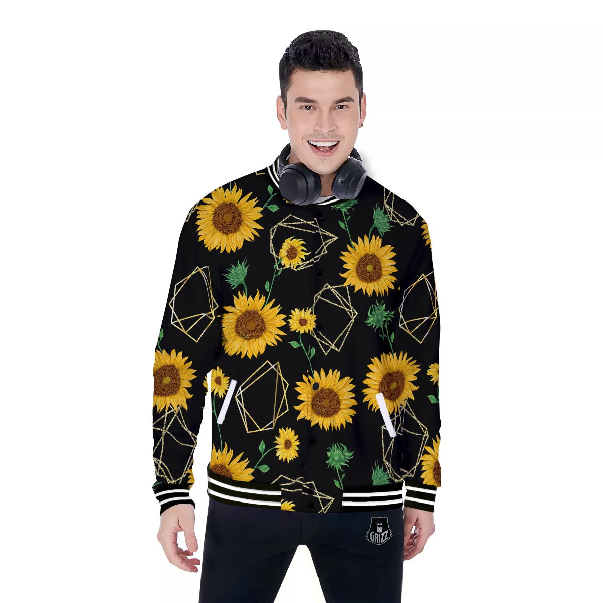 Polygonal Sunflower Print Pattern Baseball Jacket-grizzshop