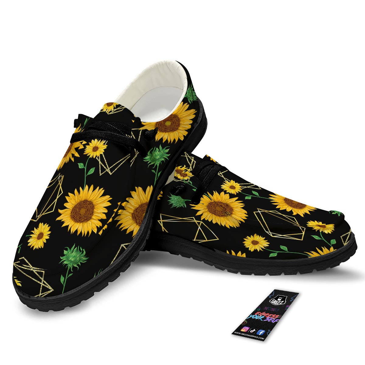 Polygonal Sunflower Print Pattern Black Loafers-grizzshop