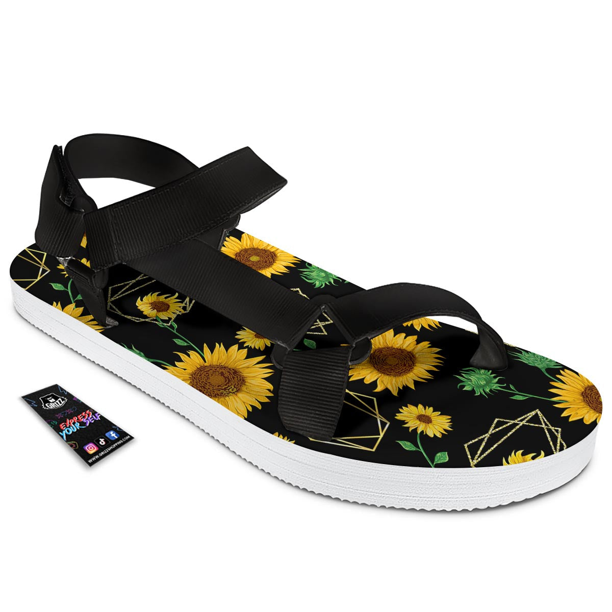 Polygonal Sunflower Print Pattern Black Open Toe Sandals-grizzshop