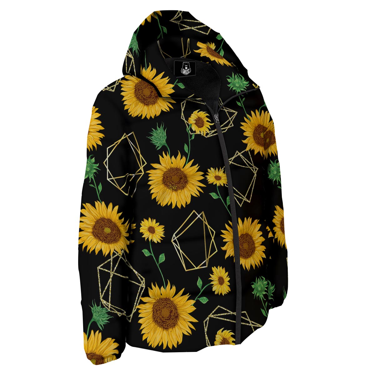 Polygonal Sunflower Print Pattern Down Jacket-grizzshop