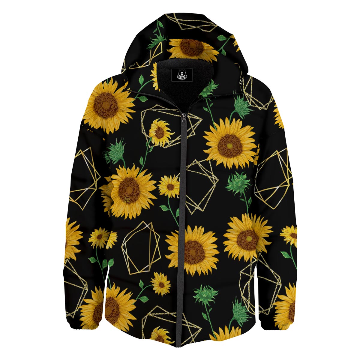 Polygonal Sunflower Print Pattern Down Jacket-grizzshop