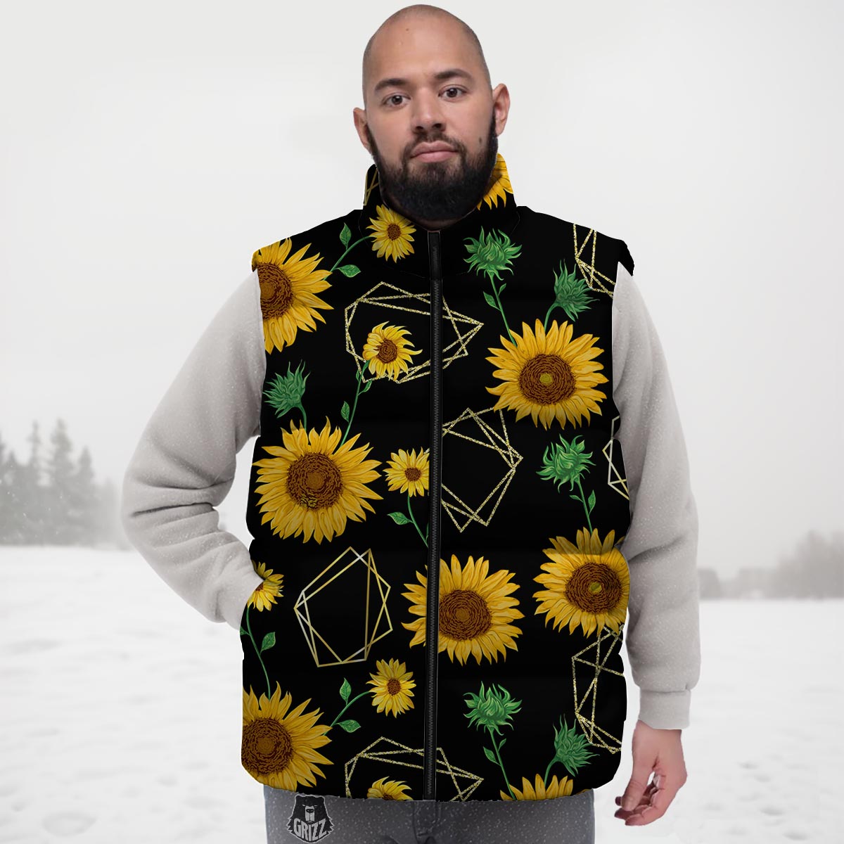 Polygonal Sunflower Print Pattern Down Vest