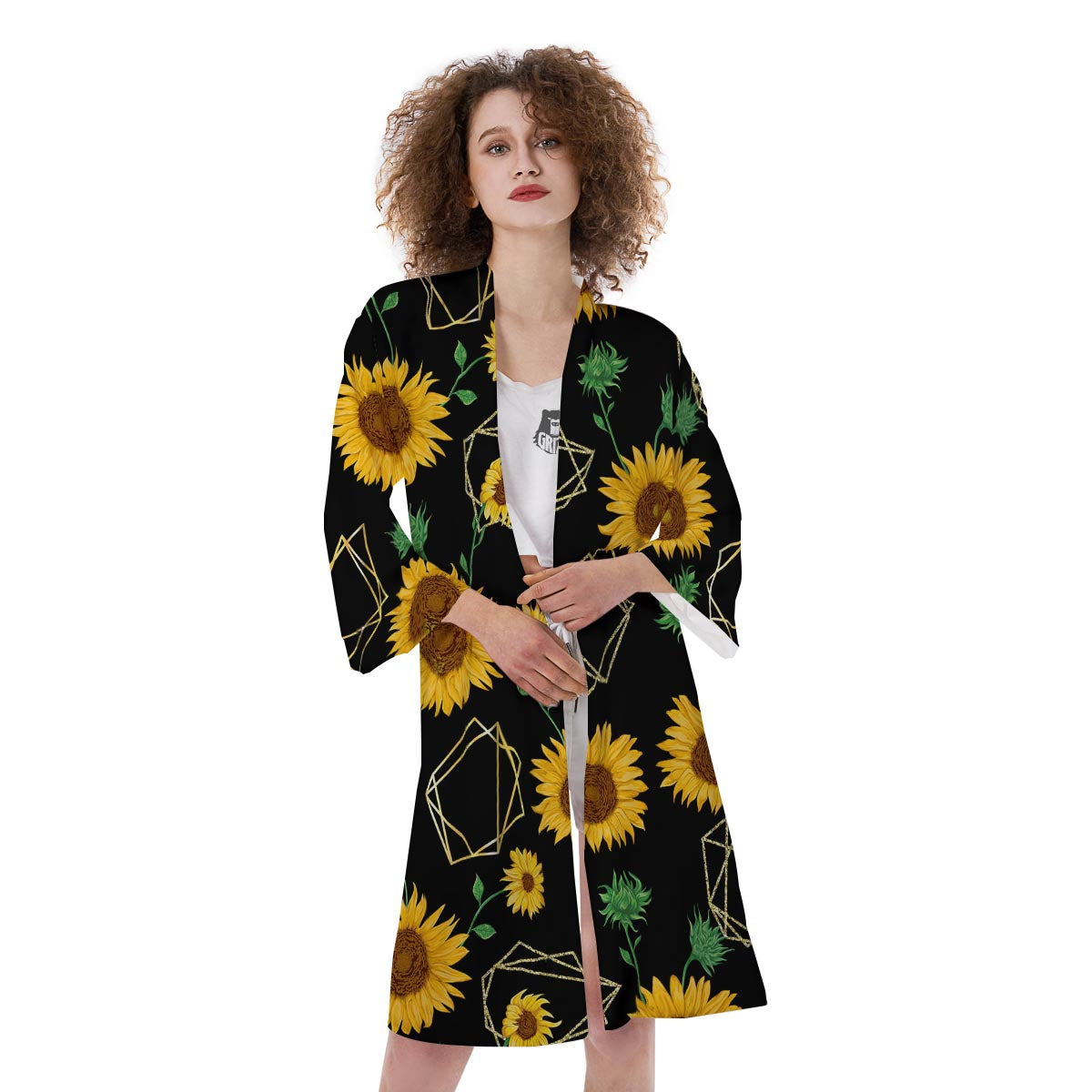 Polygonal Sunflower Print Pattern Kimono-grizzshop