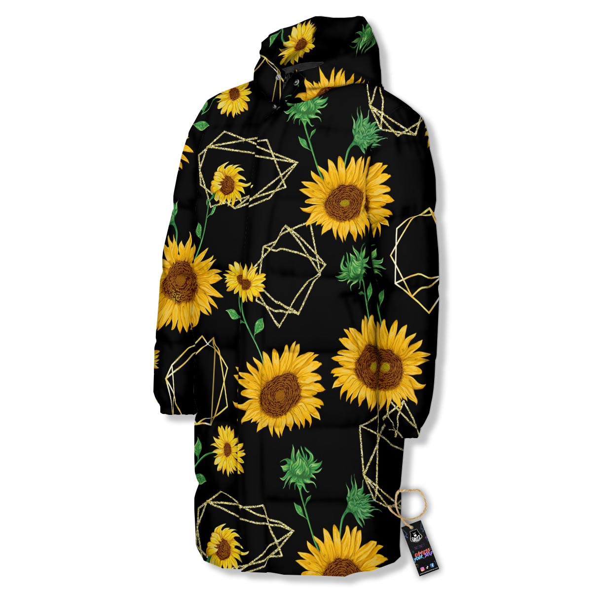 Polygonal Sunflower Print Pattern Long Down Jacket-grizzshop
