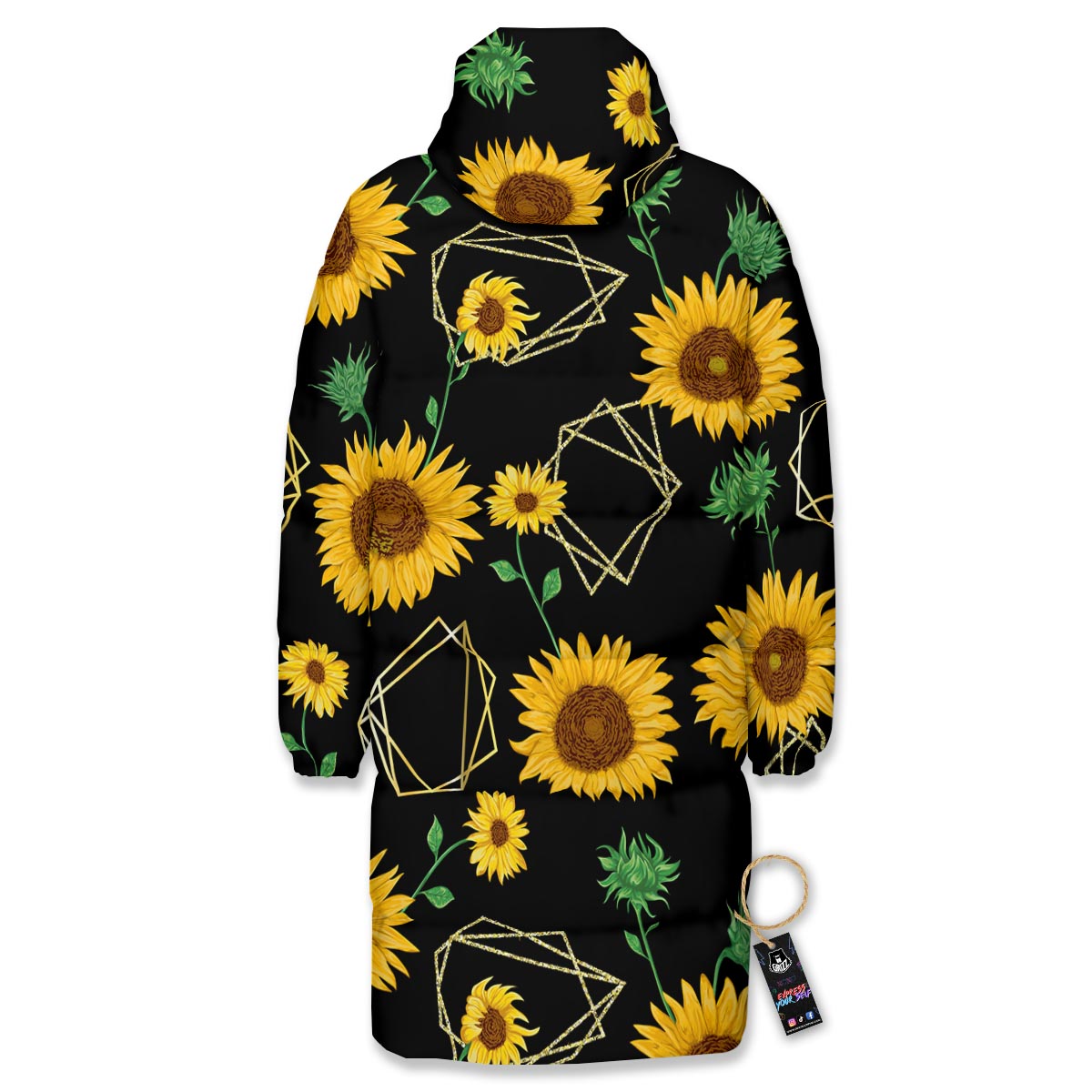 Polygonal Sunflower Print Pattern Long Down Jacket-grizzshop