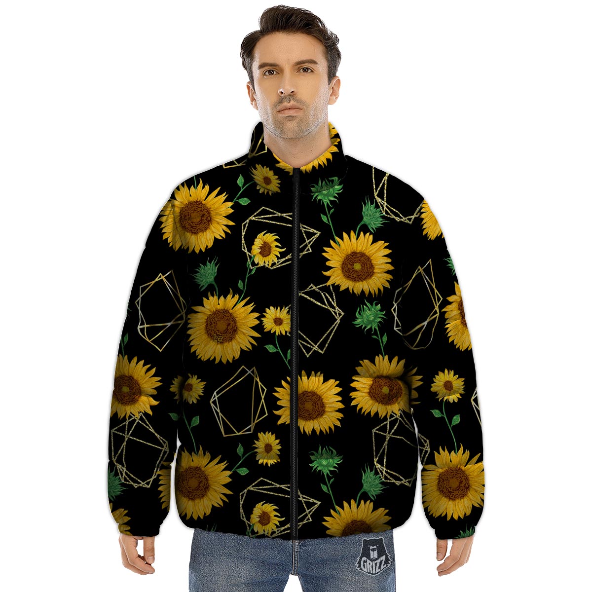 Polygonal Sunflower Print Pattern Puffer Jacket-grizzshop