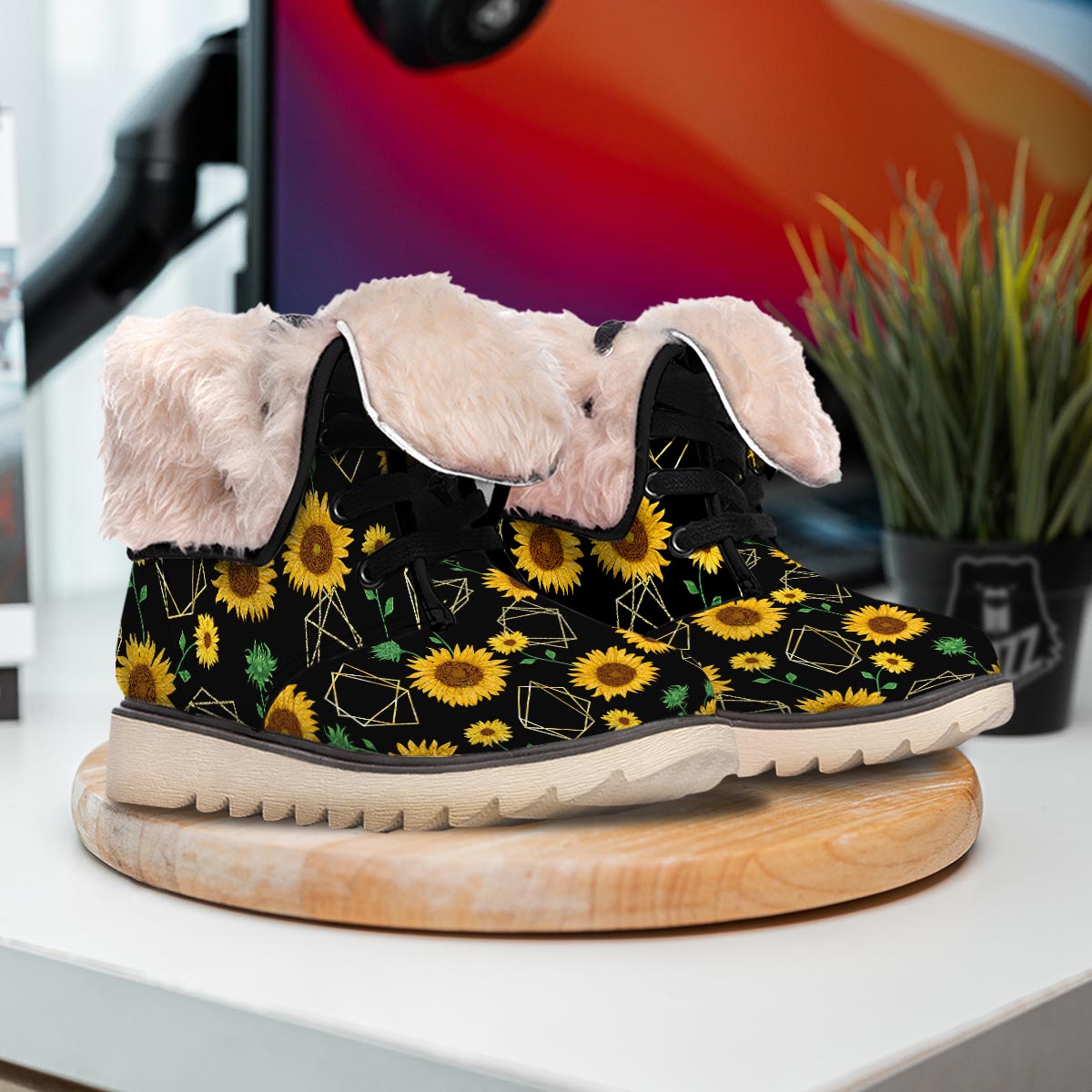 Polygonal Sunflower Print Pattern Snow Boots-grizzshop