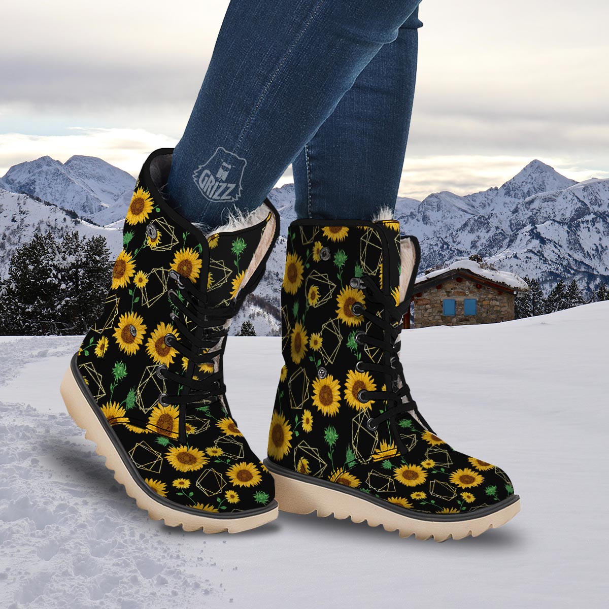 Polygonal Sunflower Print Pattern Snow Boots-grizzshop