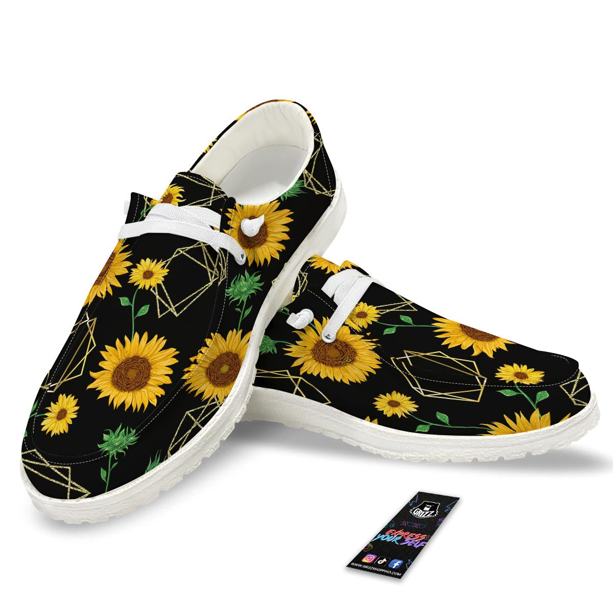 Polygonal Sunflower Print Pattern White Loafers-grizzshop
