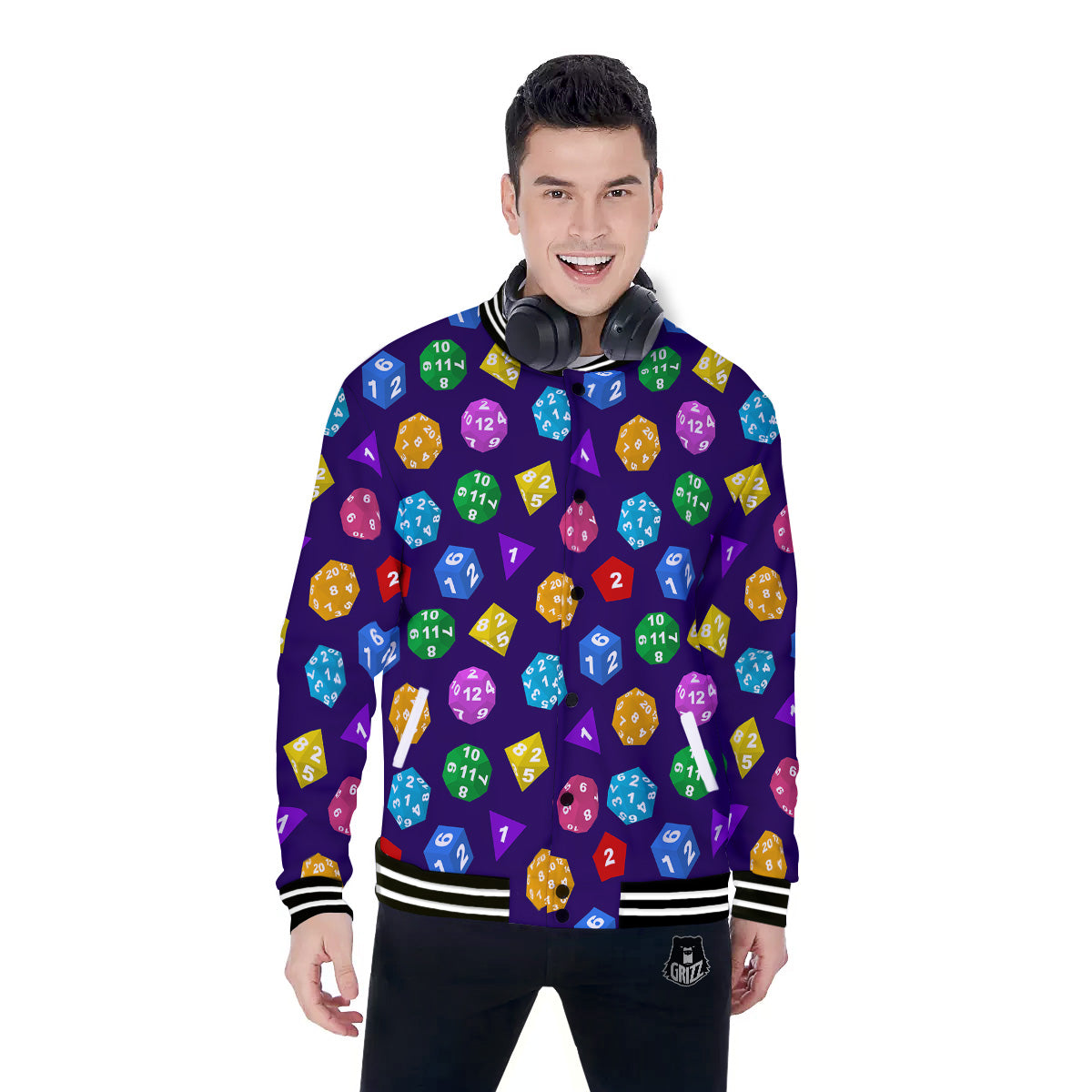Polyhedron Dice Colorful Print Pattern Baseball Jacket-grizzshop