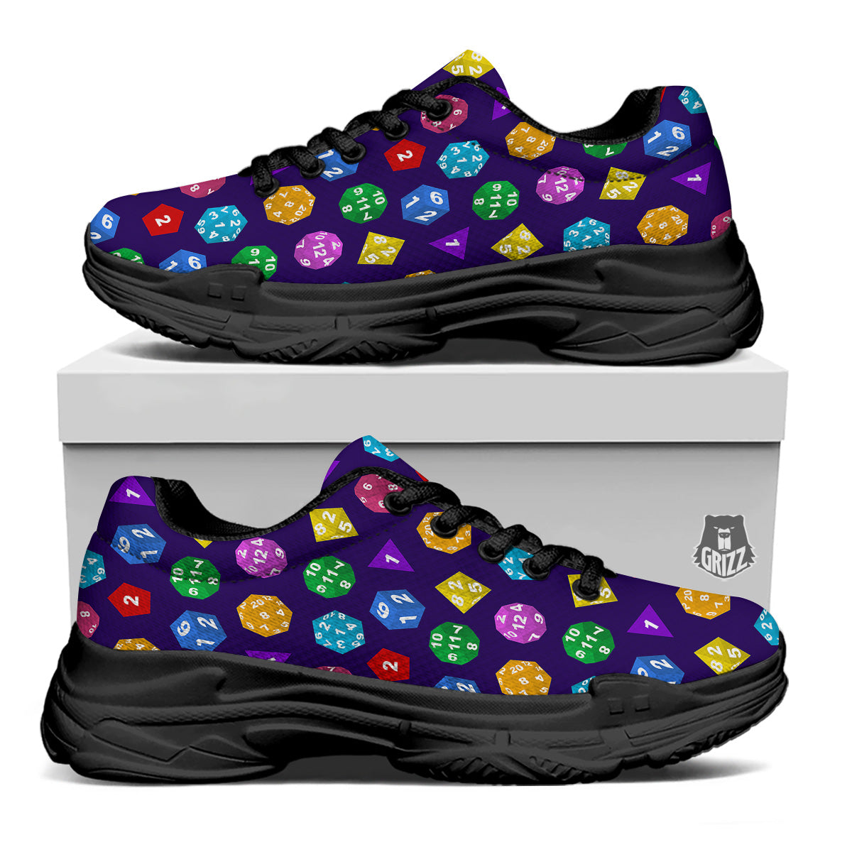 Polyhedron Dice Colorful Print Pattern Black Chunky Shoes-grizzshop