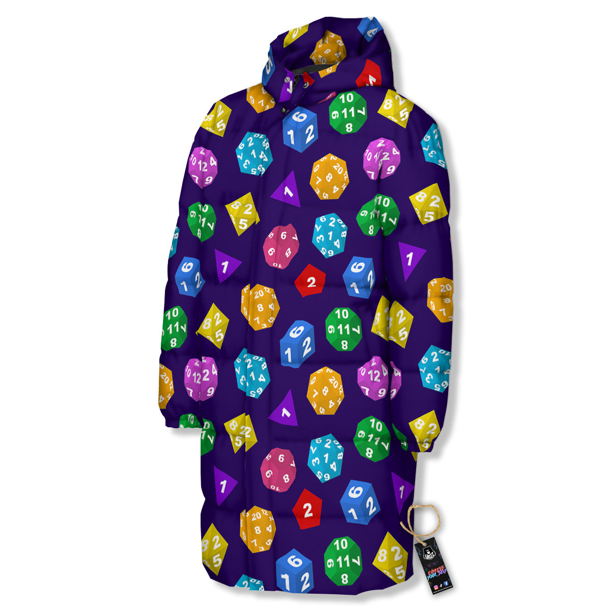 Polyhedron Dice Colorful Print Pattern Long Down Jacket-grizzshop