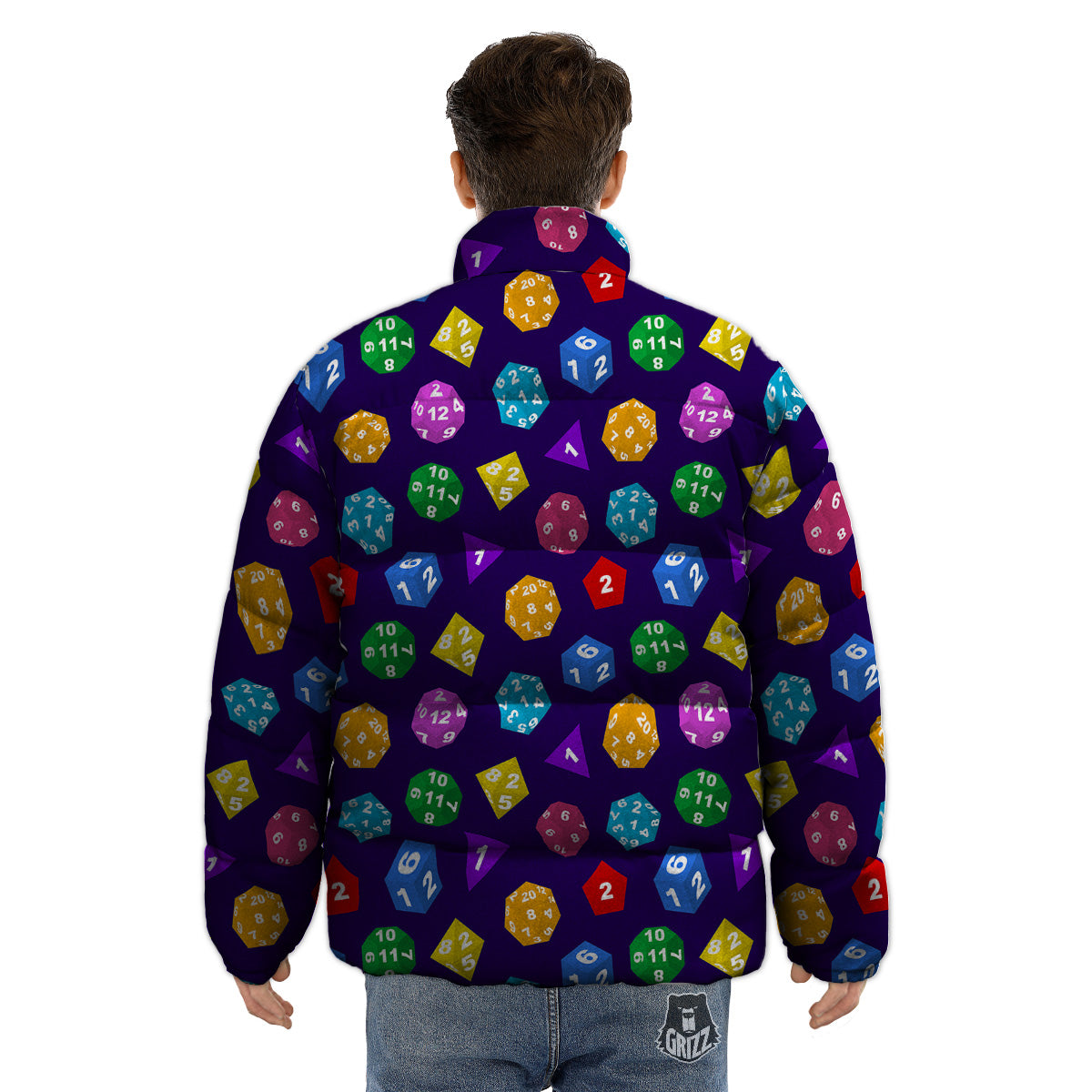 Polyhedron Dice Colorful Print Pattern Puffer Jacket-grizzshop