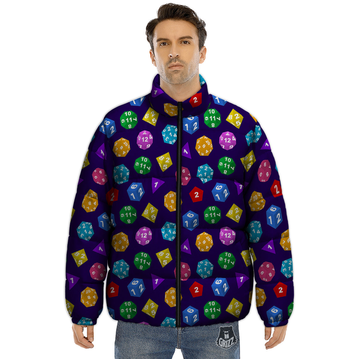 Polyhedron Dice Colorful Print Pattern Puffer Jacket-grizzshop