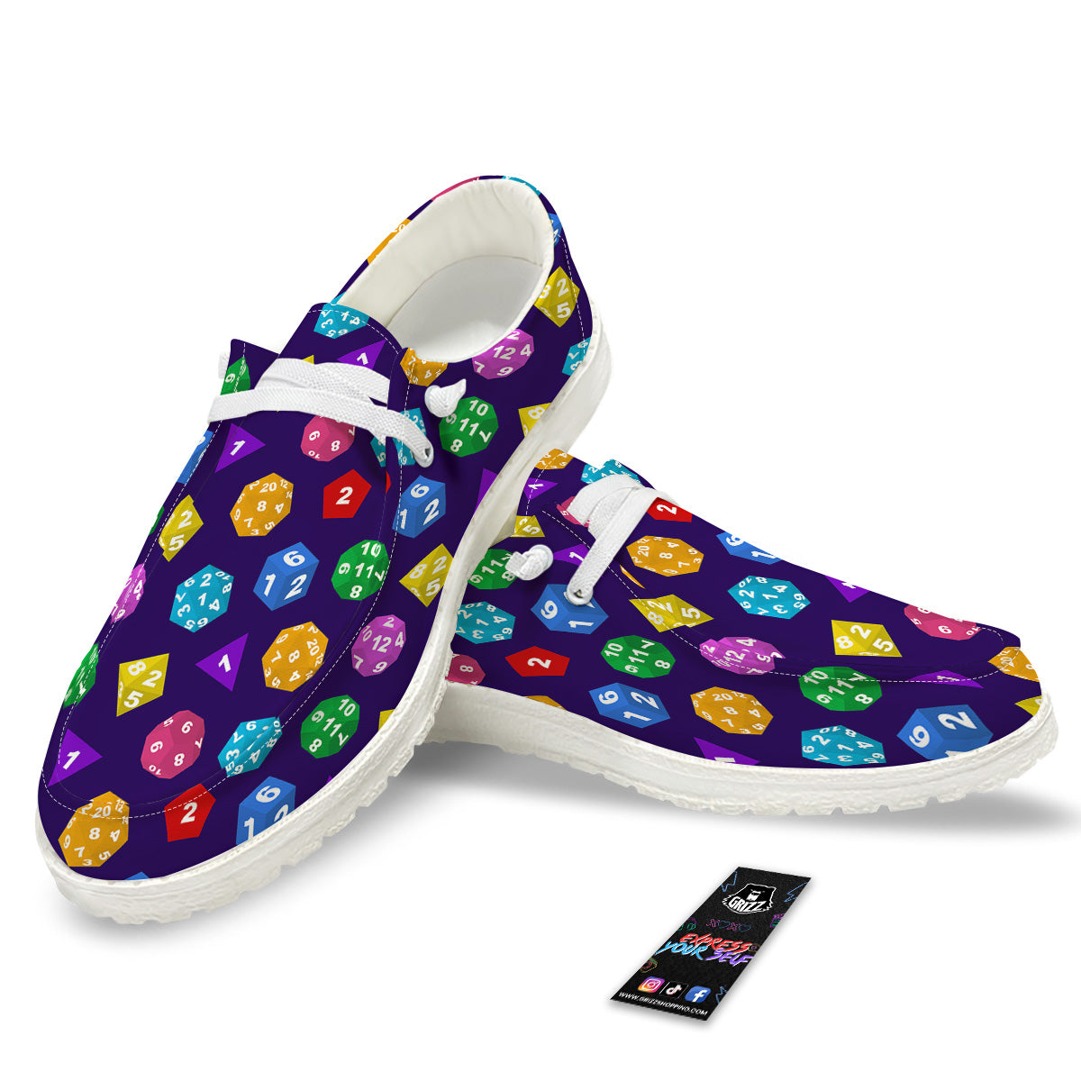 Polyhedron Dice Colorful Print Pattern White Loafers-grizzshop