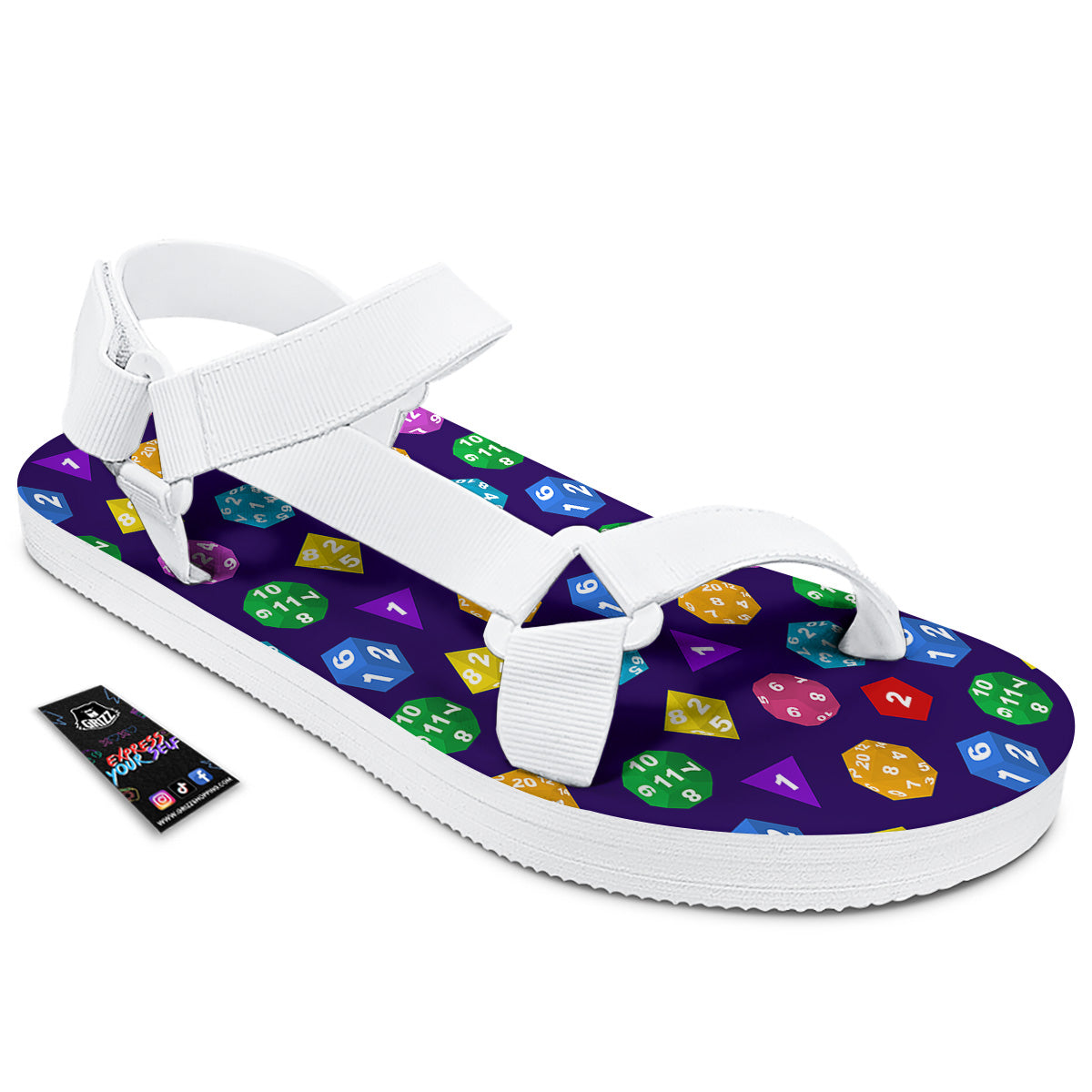 Polyhedron Dice Colorful Print Pattern White Open Toe Sandals-grizzshop