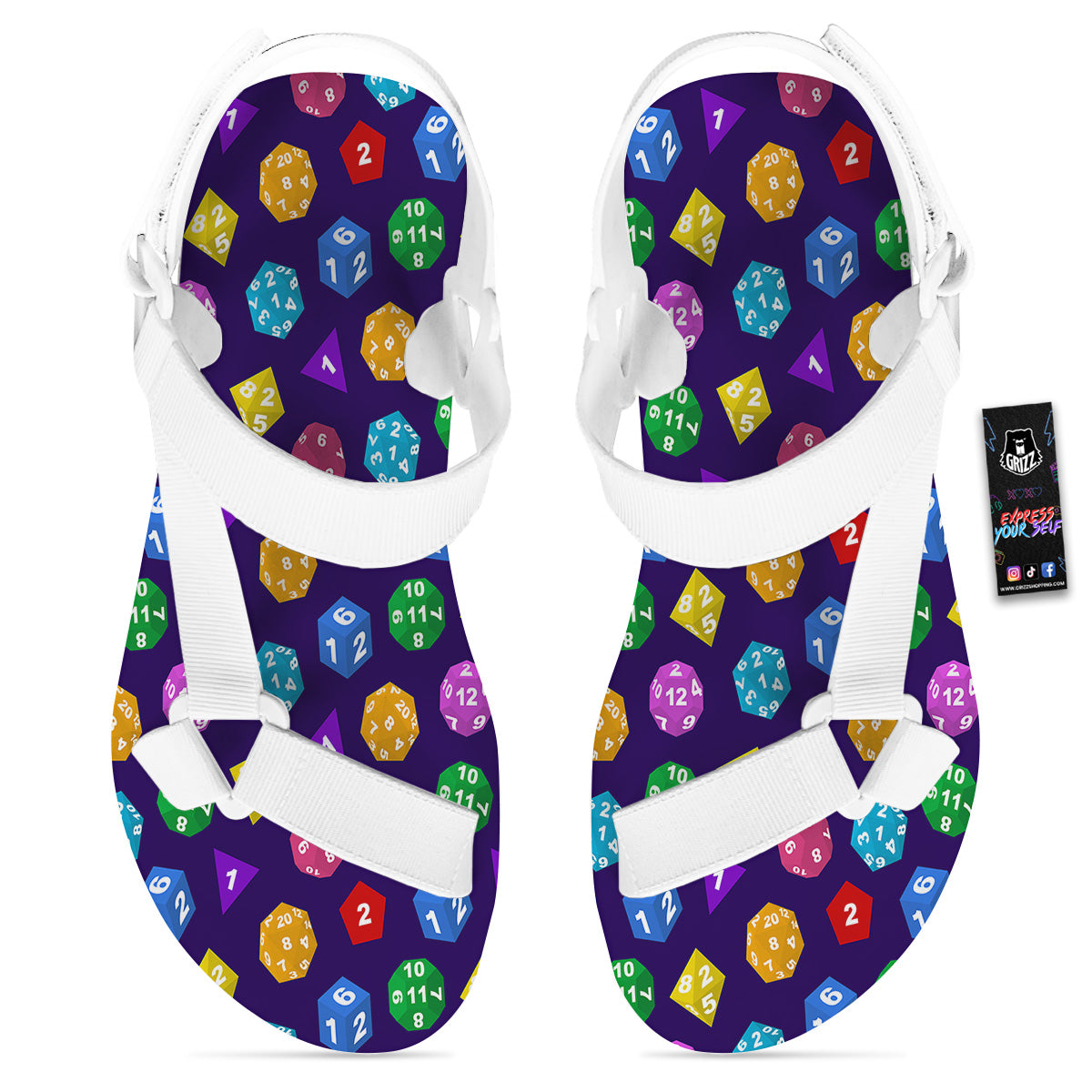 Polyhedron Dice Colorful Print Pattern White Open Toe Sandals-grizzshop