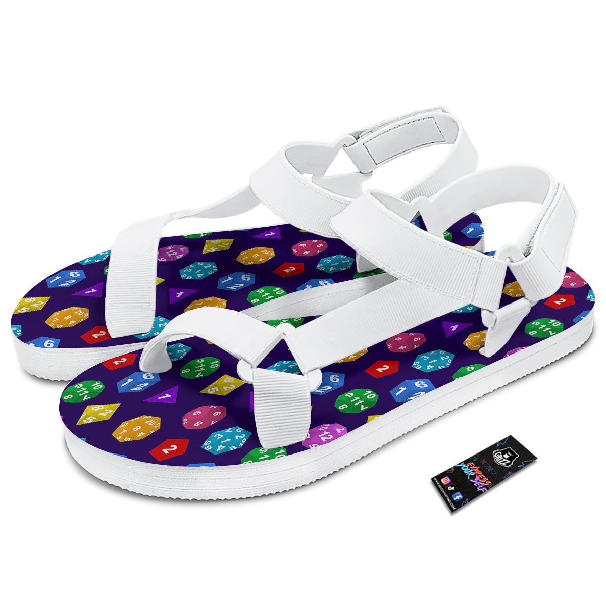 Polyhedron Dice Colorful Print Pattern White Open Toe Sandals-grizzshop