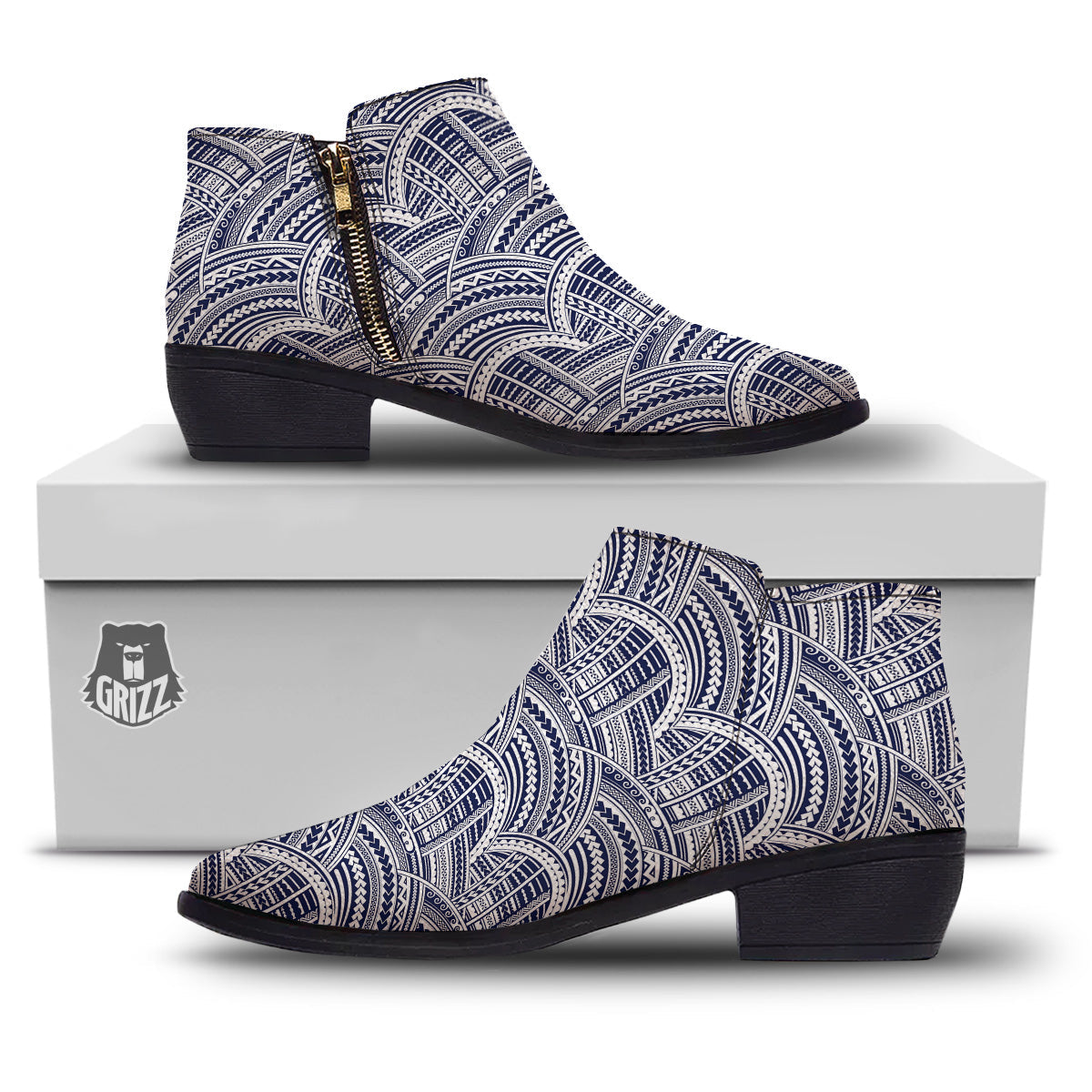 Polynesian Tattoo Blue Maori Print Ankle Boots-grizzshop