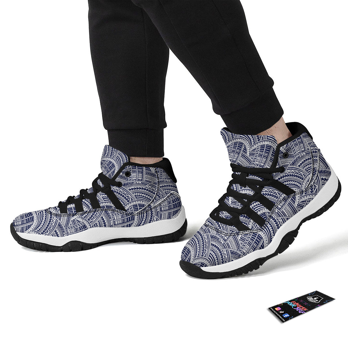 Polynesian Tattoo Blue Maori Print Black Bball Shoes-grizzshop