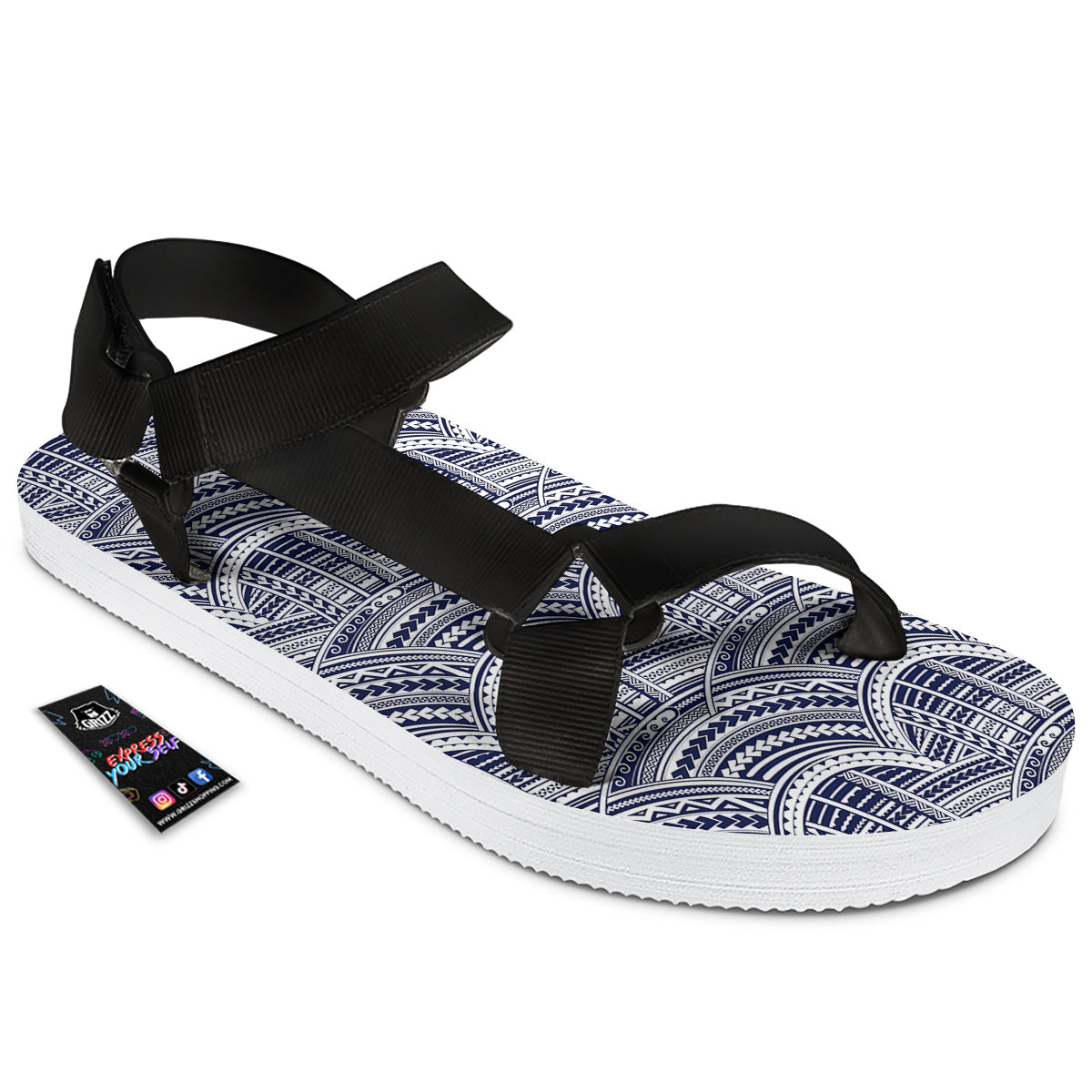 Polynesian Tattoo Blue Maori Print Black Open Toe Sandals-grizzshop