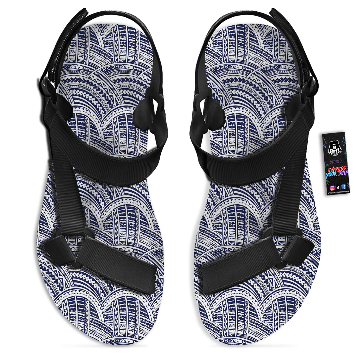 Polynesian Tattoo Blue Maori Print Black Open Toe Sandals-grizzshop
