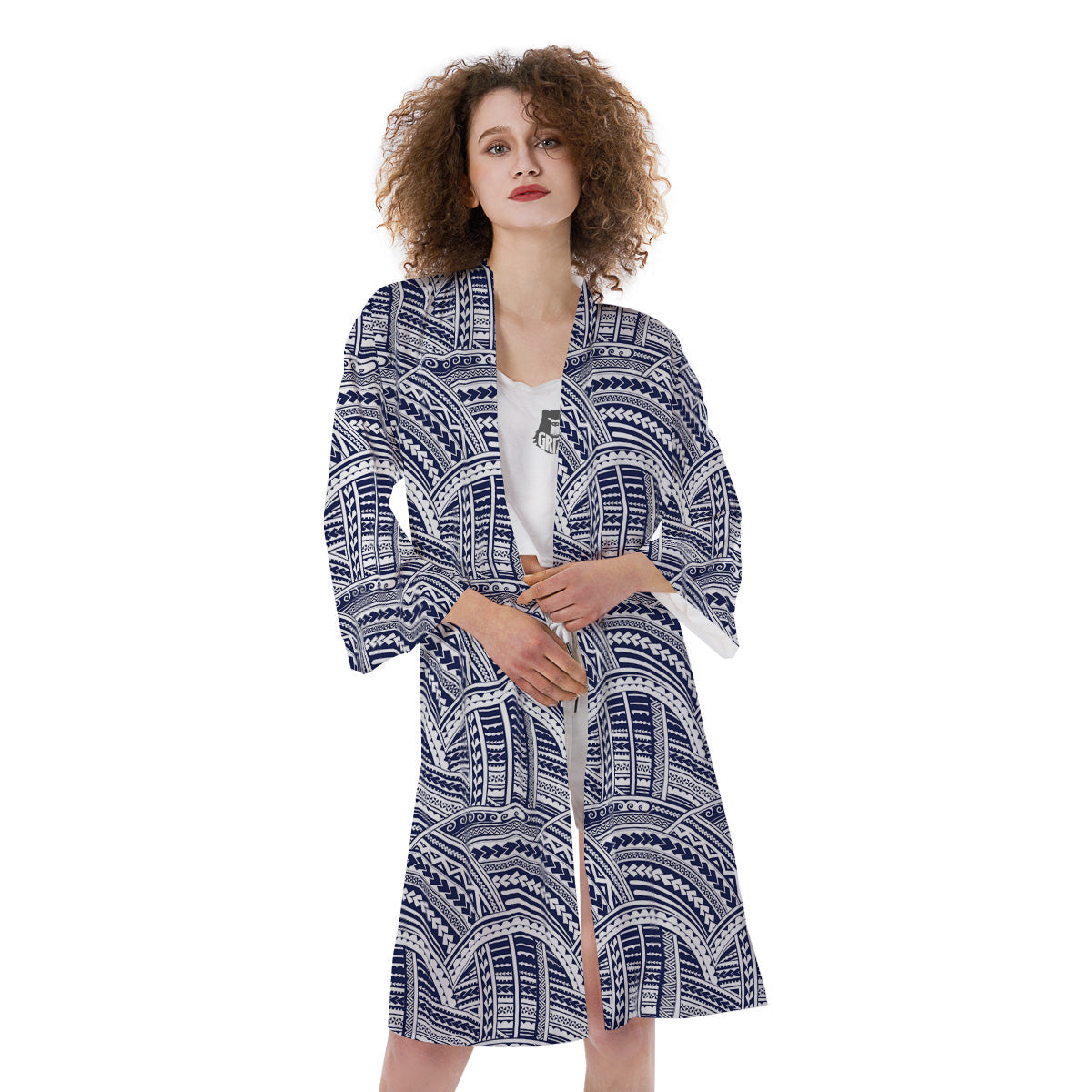 Polynesian Tattoo Blue Maori Print Kimono-grizzshop