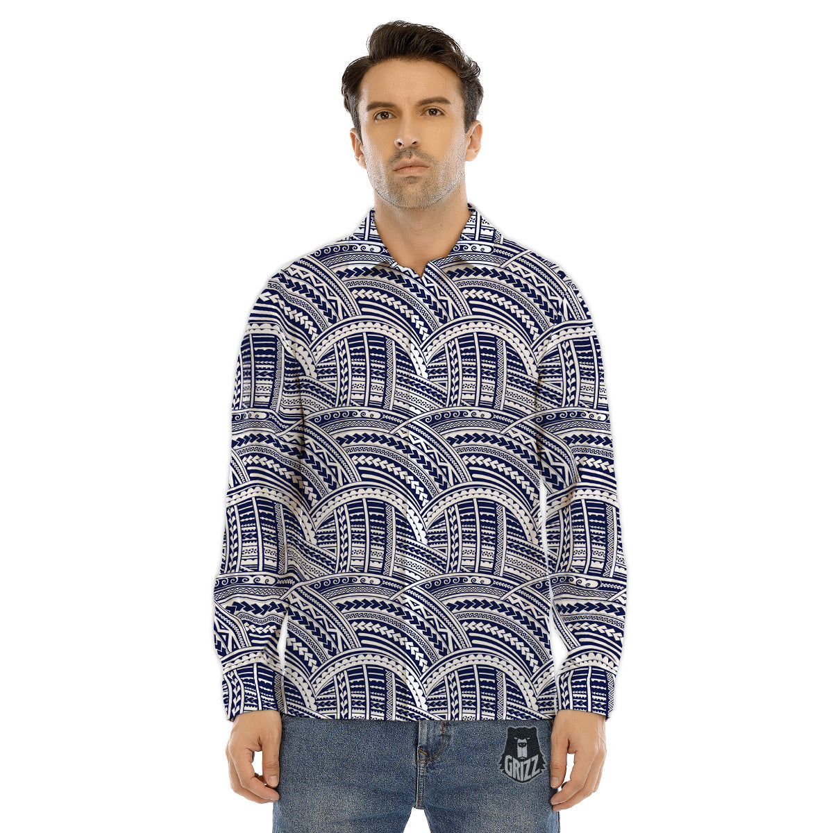 Polynesian Tattoo Blue Maori Print Men's Dress Shirts-grizzshop