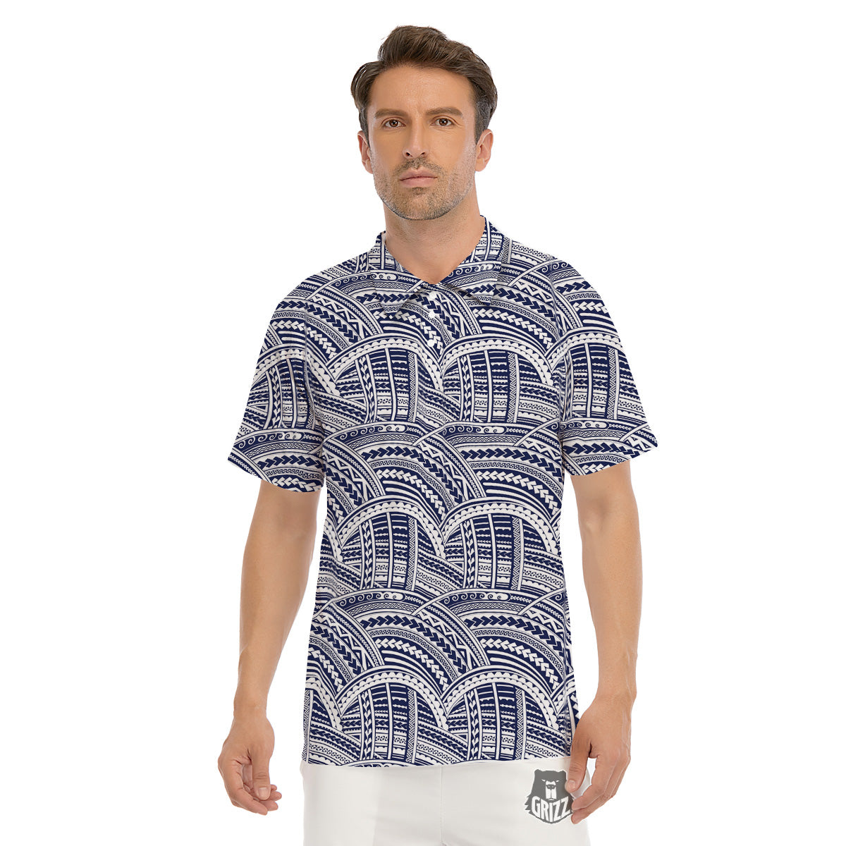 Polynesian Tattoo Blue Maori Print Men's Golf Shirts-grizzshop