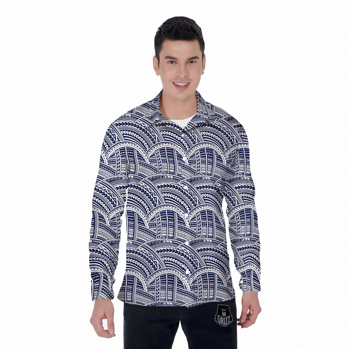 Polynesian Tattoo Blue Maori Print Men's Long Sleeve Shirts-grizzshop