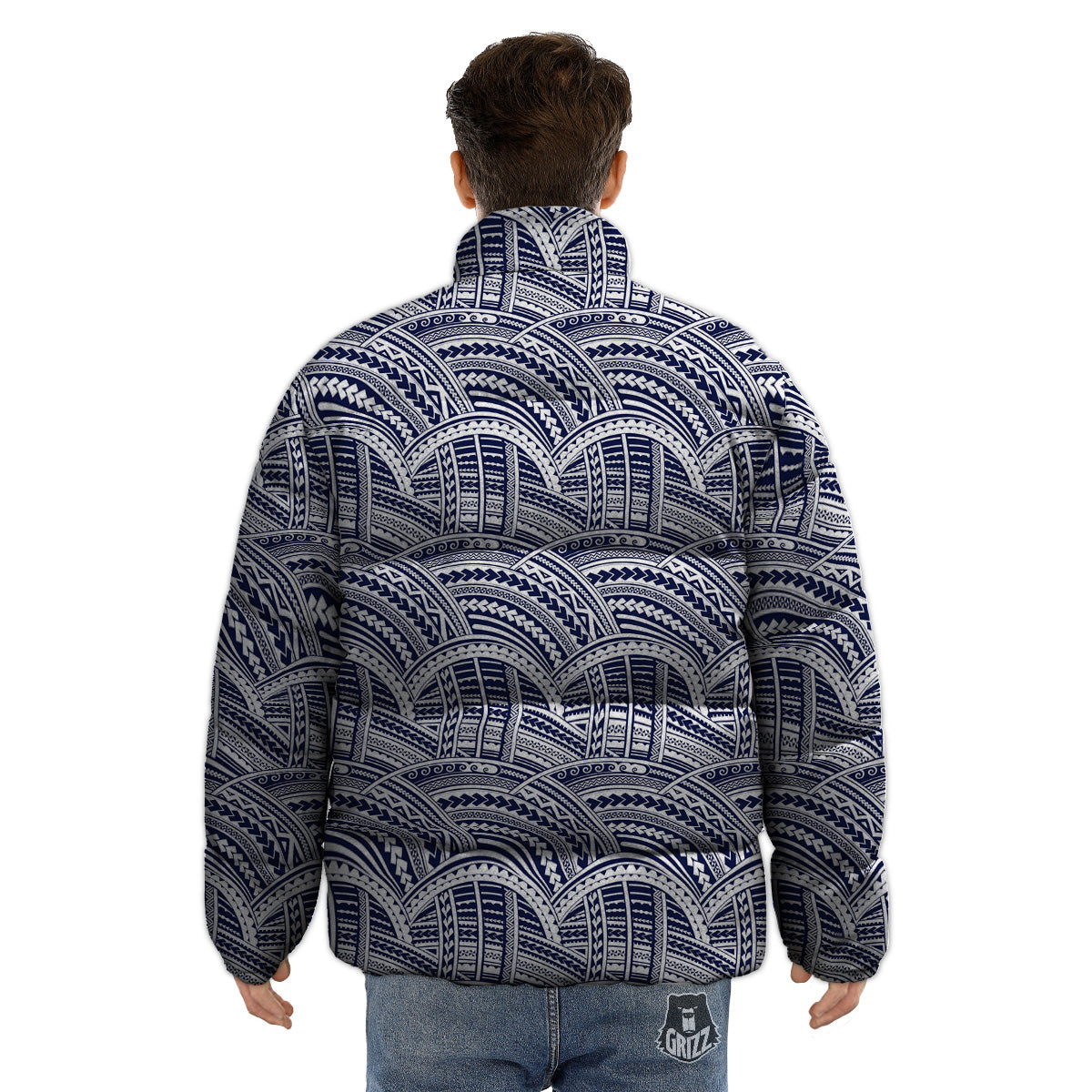 Polynesian Tattoo Blue Maori Print Puffer Jacket-grizzshop