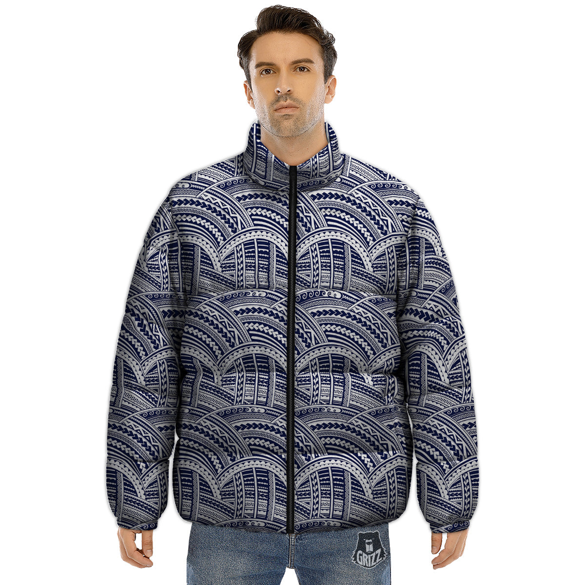 Polynesian Tattoo Blue Maori Print Puffer Jacket-grizzshop