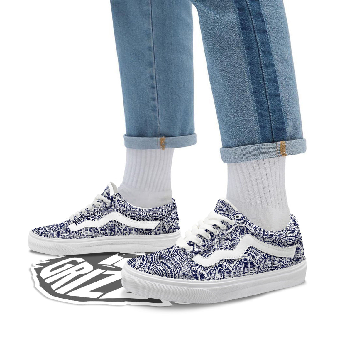 Polynesian Tattoo Blue Maori Print Skate Shoes-grizzshop
