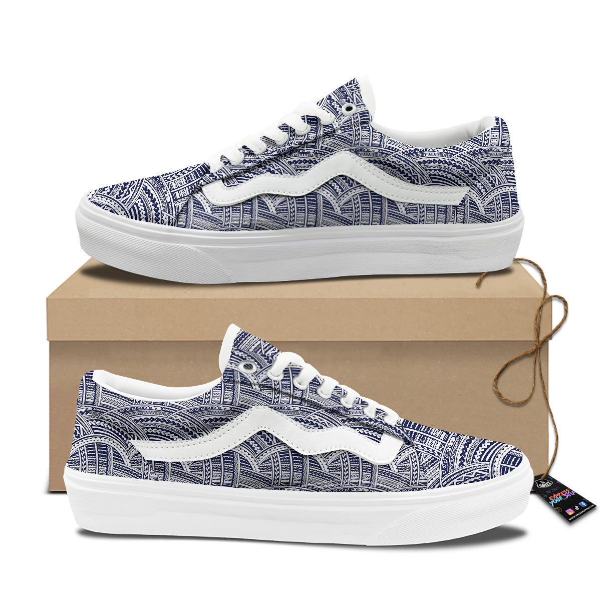 Polynesian Tattoo Blue Maori Print Skate Shoes-grizzshop