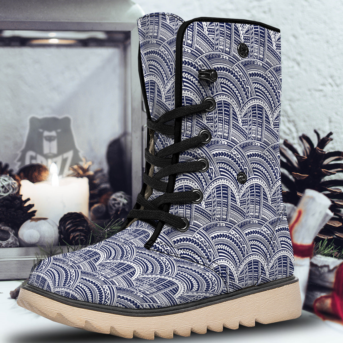 Polynesian Tattoo Blue Maori Print Snow Boots-grizzshop