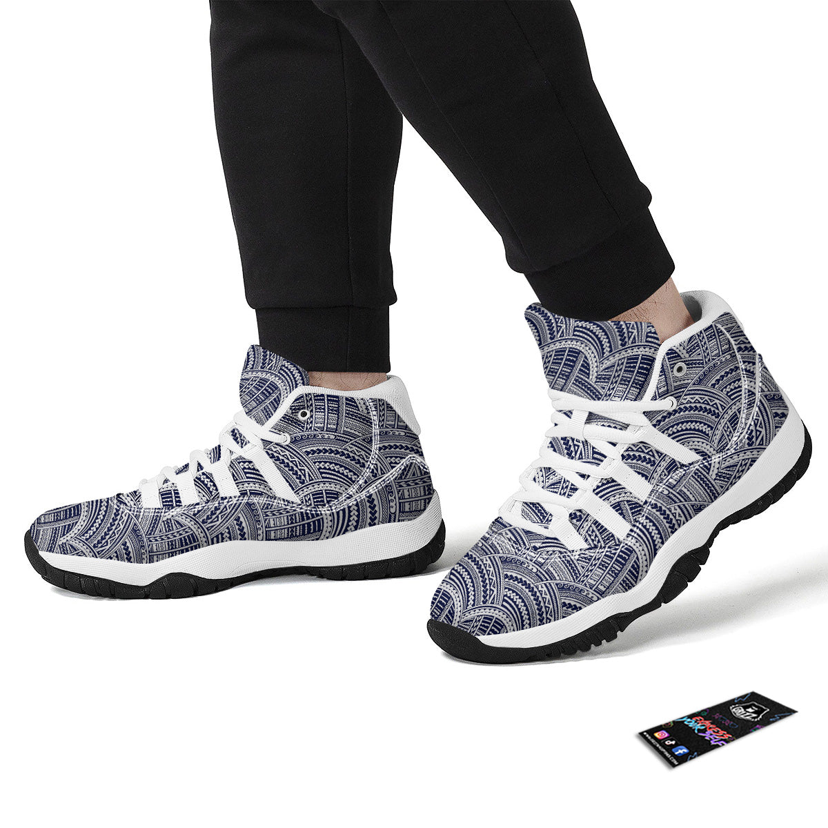 Polynesian Tattoo Blue Maori Print White Bball Shoes-grizzshop