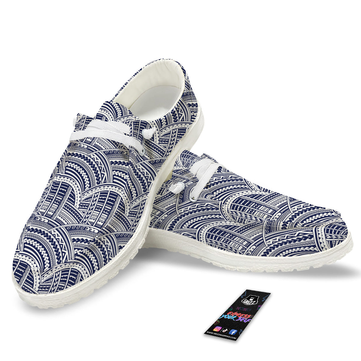 Polynesian Tattoo Blue Maori Print White Loafers-grizzshop