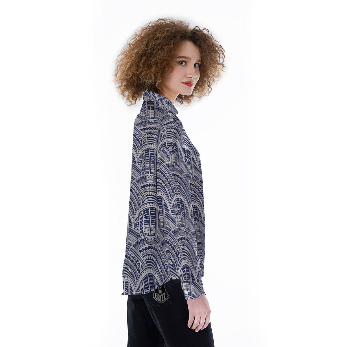 Polynesian Tattoo Blue Maori Print Women's Long Sleeve Shirts-grizzshop