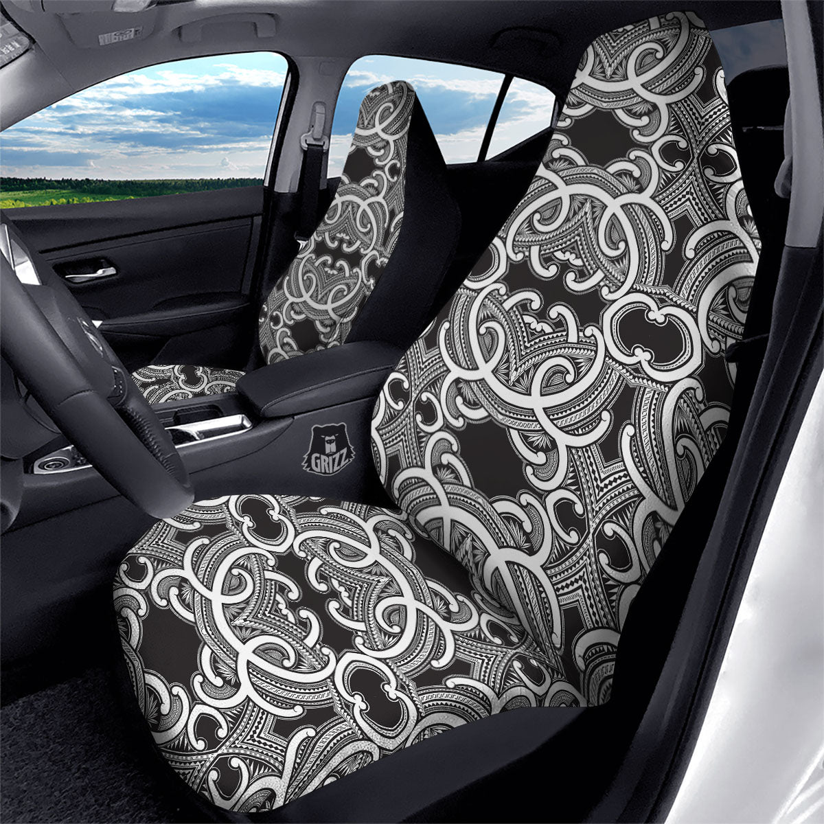 Polynesian Tattoo White And Black Print Car Seat Covers-grizzshop