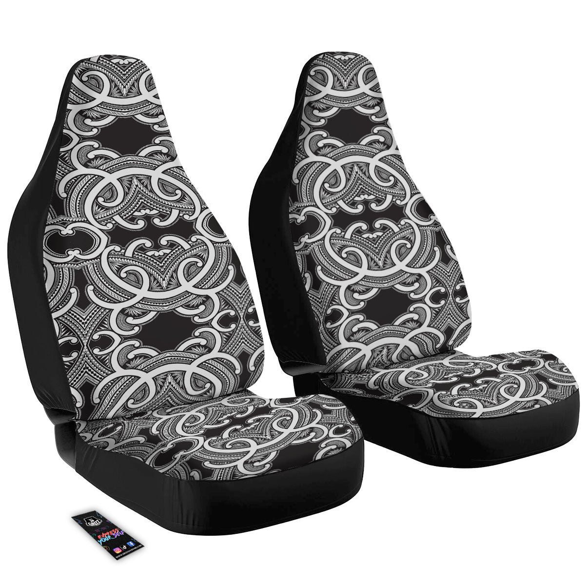 Polynesian Tattoo White And Black Print Car Seat Covers-grizzshop