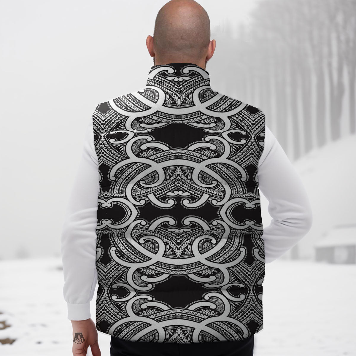 Polynesian Tattoo White And Black Print Down Vest