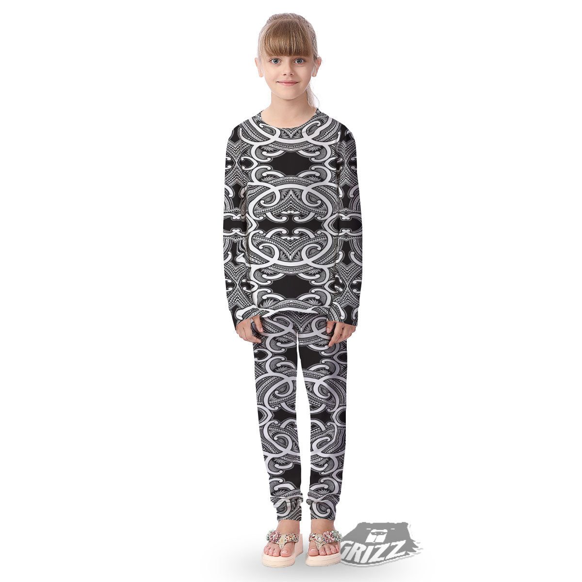 Polynesian Tattoo White And Black Print Kid's Pajamas-grizzshop
