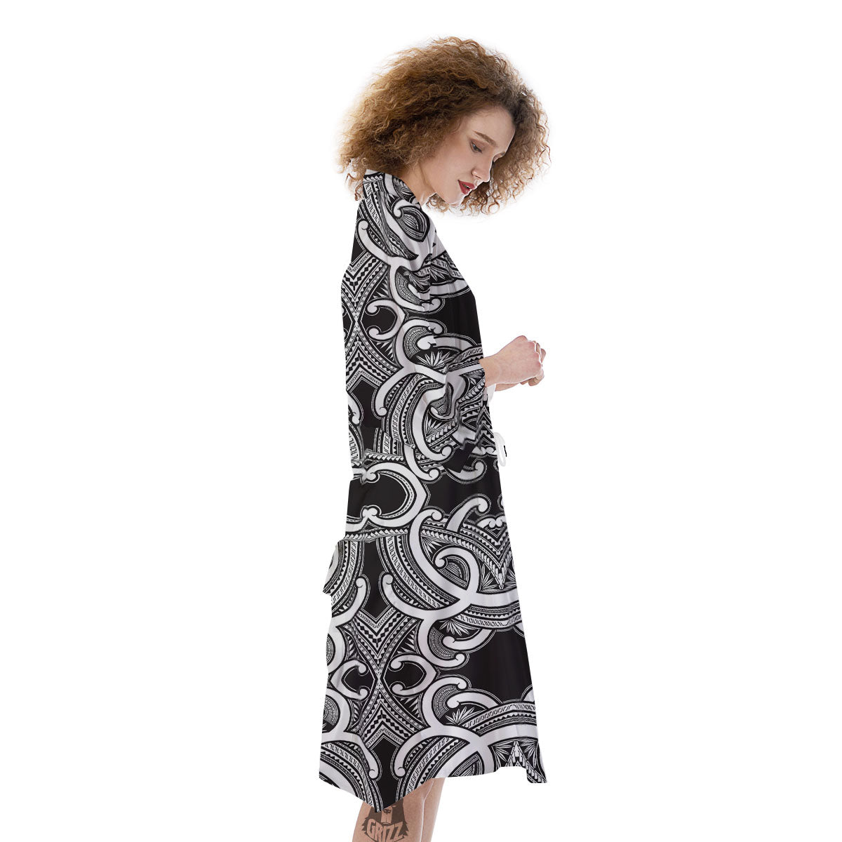 Polynesian Tattoo White And Black Print Kimono-grizzshop