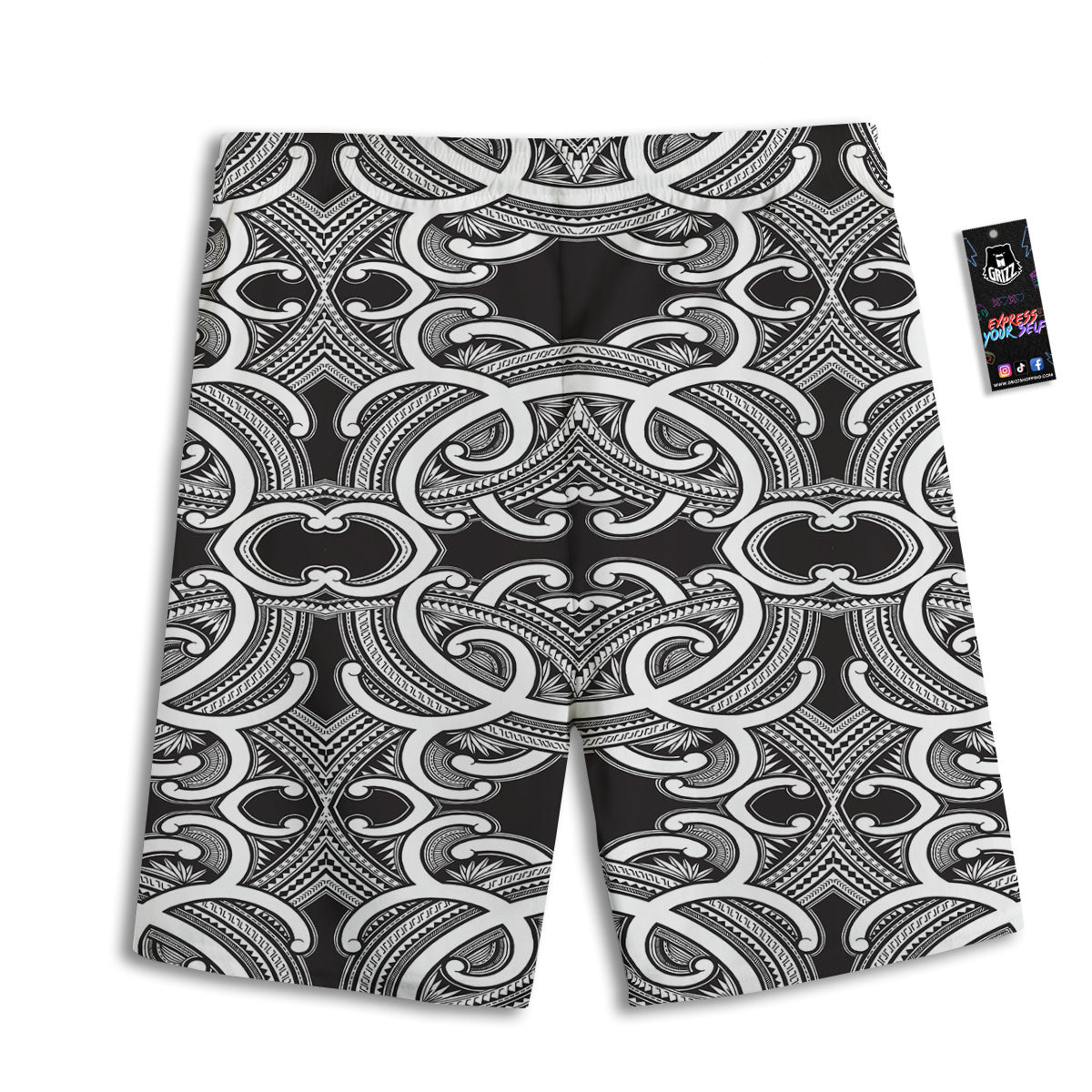 Polynesian Tattoo White And Black Print Men's Athletic Shorts