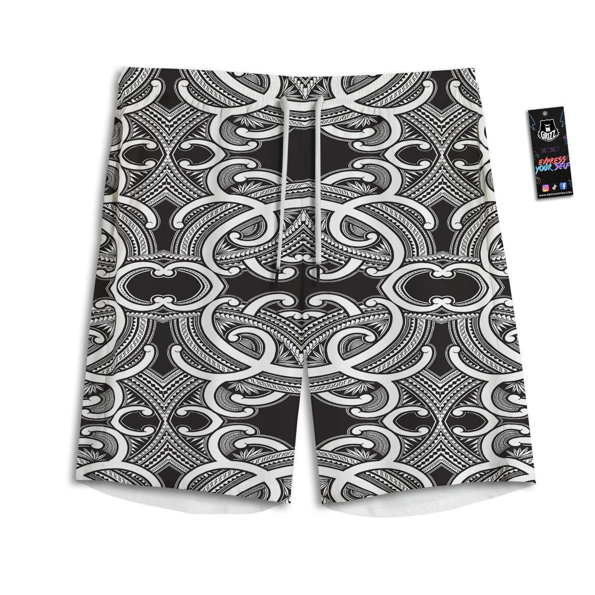 Polynesian Tattoo White And Black Print Men's Athletic Shorts
