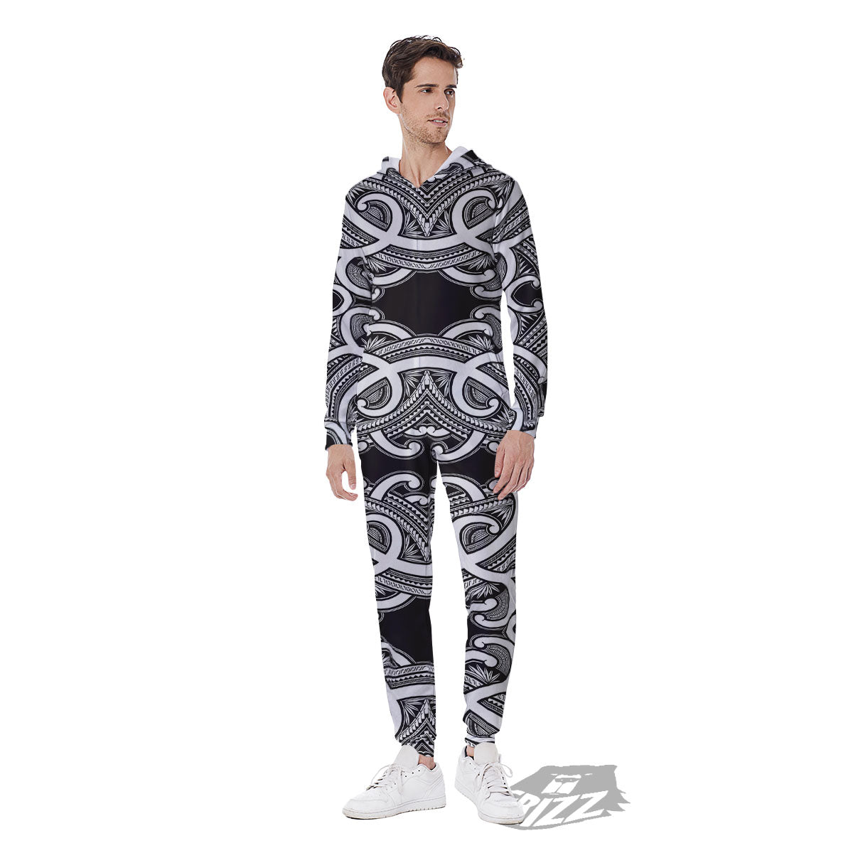 Polynesian Tattoo White And Black Print Men's Jumpsuit-grizzshop