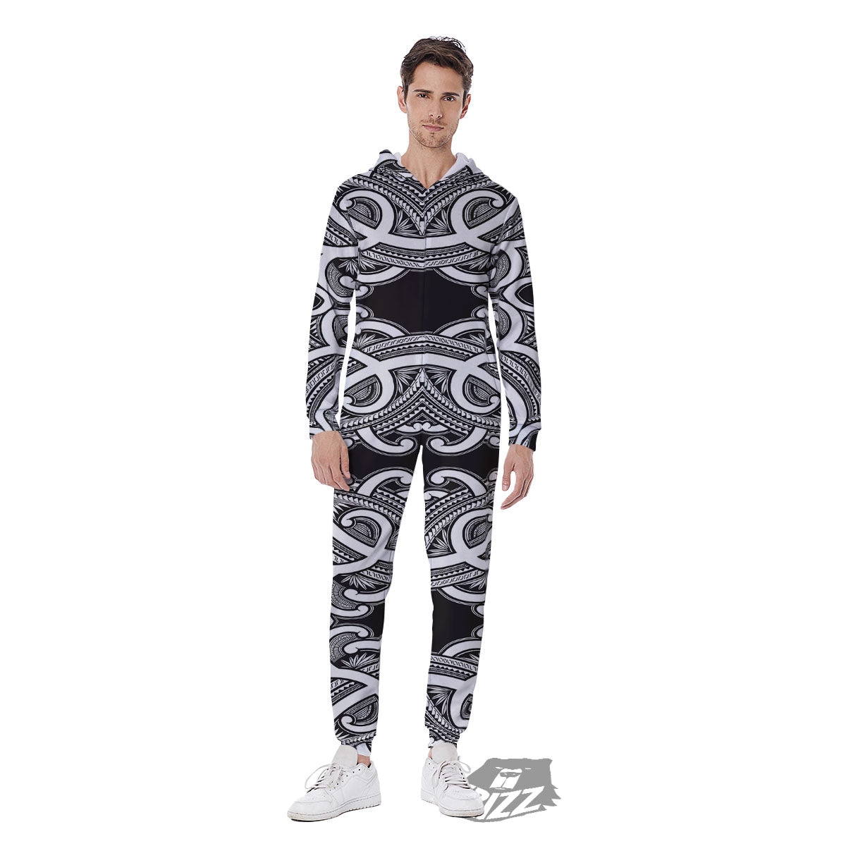 Polynesian Tattoo White And Black Print Men's Jumpsuit-grizzshop