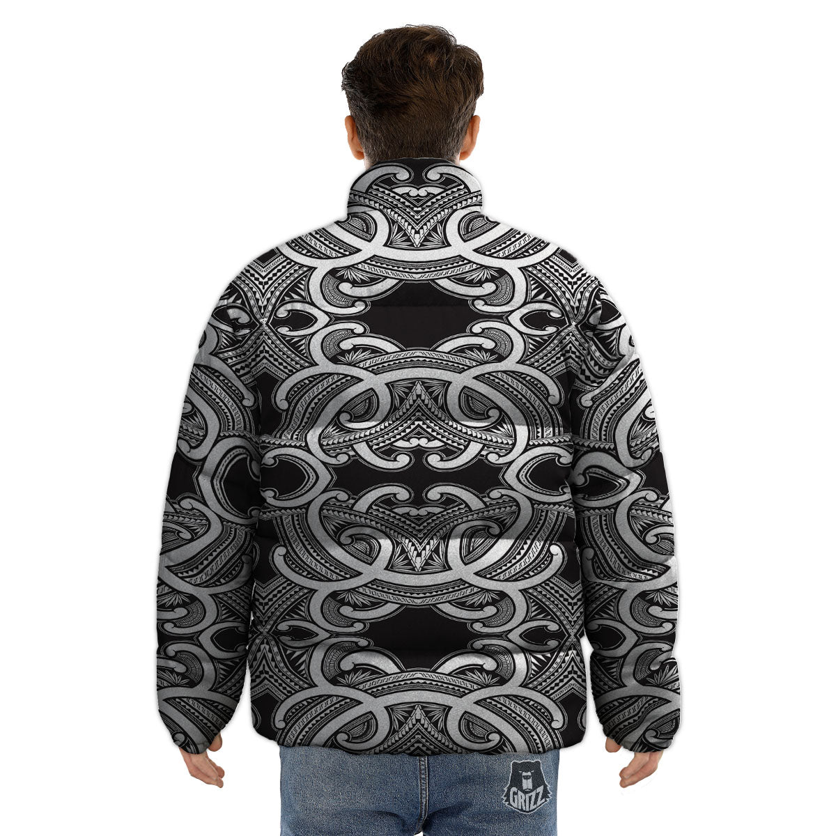 Polynesian Tattoo White And Black Print Puffer Jacket-grizzshop